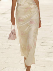 Elegant Cream White Satin Floral Print Skirt Set