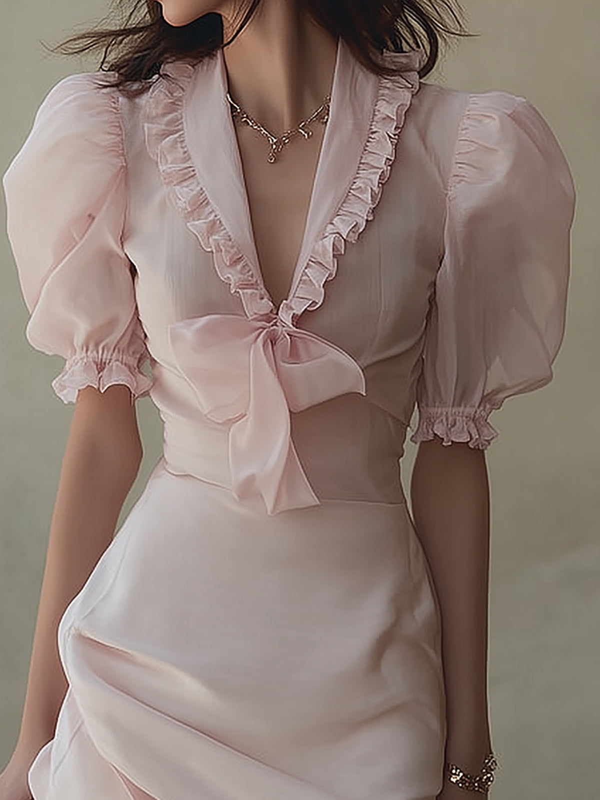 Blush Pink Puff Sleeve Bow Front Skirt Set
