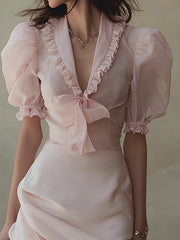 Blush Pink Puff Sleeve Bow Front Skirt Set