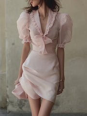 Blush Pink Puff Sleeve Bow Front Skirt Set