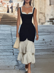 Chic Black White Contrast Ruffle Tiered Maxi Dress