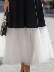 Sleeveless Contrast Collar Mesh Hem Midi Dress