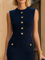 Sleeveless Ribbed Knit Gold Button Pocket Mini Dress