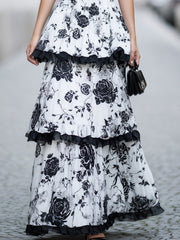 Black & White Floral Tiered Ruffle Maxi Dress