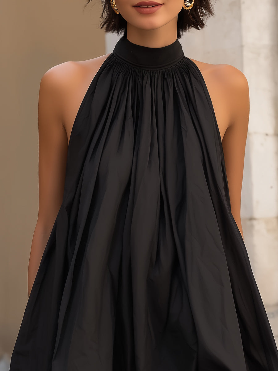 High Neck Gathered Halter Balloon Mini Dress