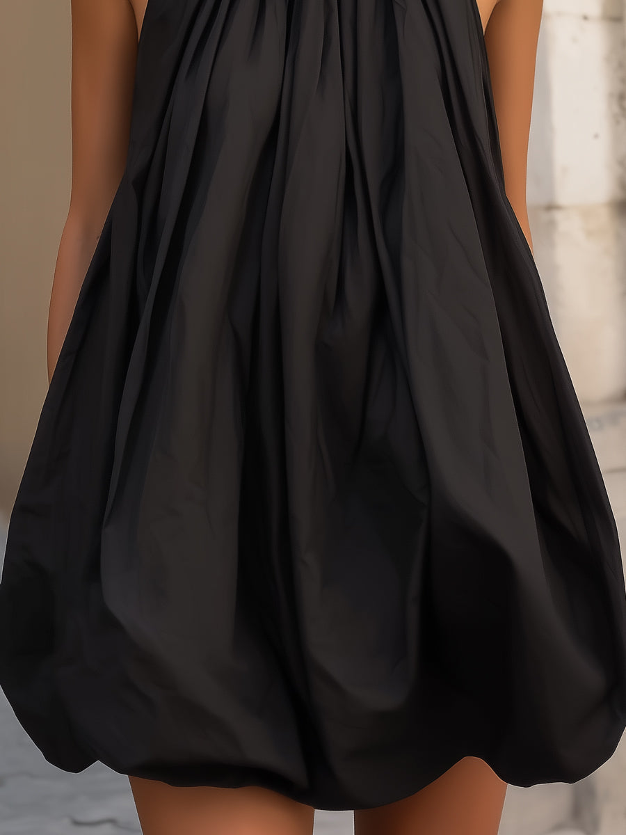 High Neck Gathered Halter Balloon Mini Dress