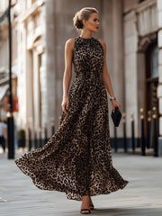 Sleeveless Leopard Print Flowing Maxi Dress