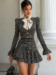 Chicnery Satin Bow Tie Black Tweed Bell-sleeves Top And Pleated Skirt Suits
