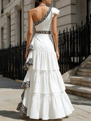 Elegant One-Shoulder Leopard Trim Tiered Maxi Dress