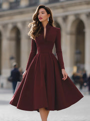 Burgundy V-Neck Full-Skirt Midi Dress