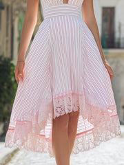 Pink And White Striped Halter Lace Hem Asymmetrical Midi Dress