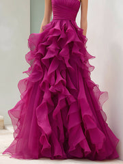 Strapless Magenta Ruffled Ball Gown
