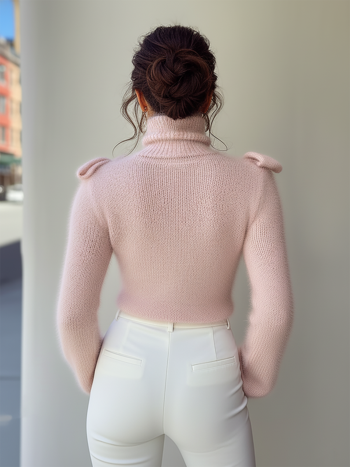 Pink Turtleneck Sweater With Bow Details On Shoulders