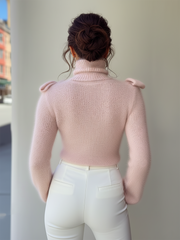 Pink Turtleneck Sweater With Bow Details On Shoulders