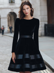 Black Velvet Fit-and-Flare Dress With Satin Stripes