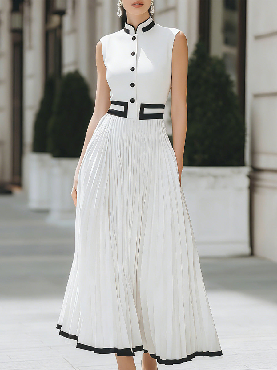 Elegant Contrast Trim Pleated Midi Dress