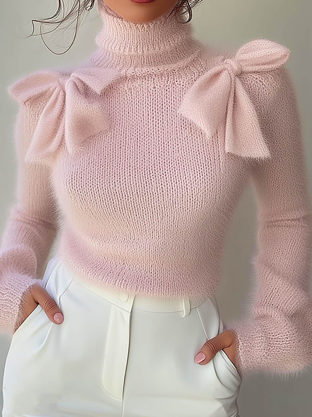 Pink Turtleneck Sweater With Bow Details On Shoulders