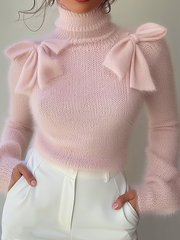 Pink Turtleneck Sweater With Bow Details On Shoulders