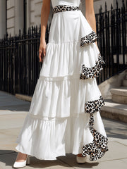 Elegant One-Shoulder Leopard Trim Tiered Maxi Dress