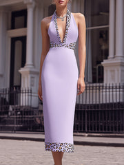 Elegant Leopard Trim Halter Neck Midi Dress