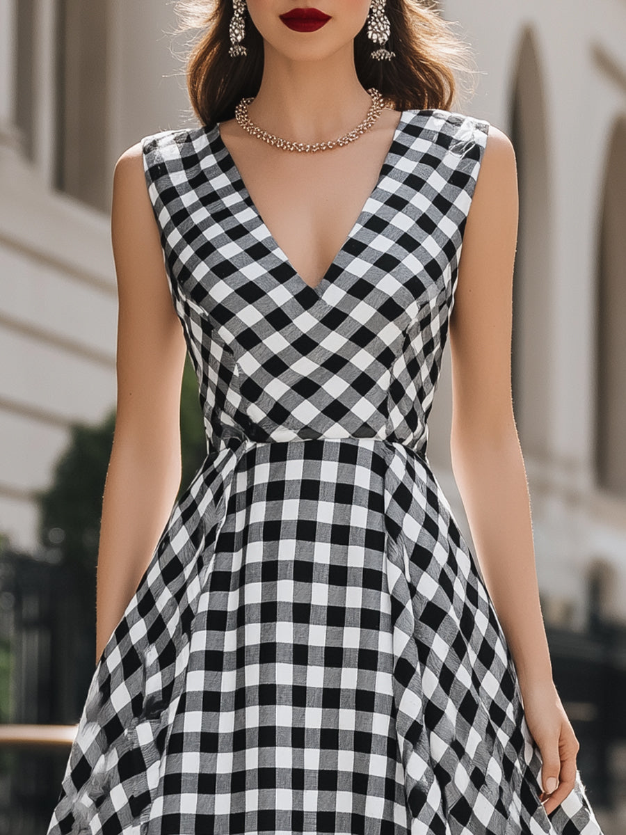 Elegant V-Neck Gingham A-Line Midi Dress