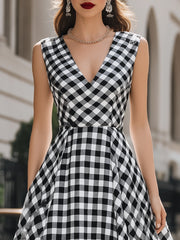 Elegant V-Neck Gingham A-Line Midi Dress
