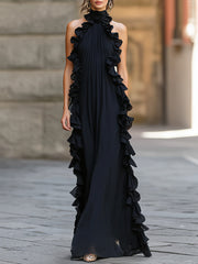Midnight Elegance Ruffled Halter Pleated Chiffon Maxi Gown