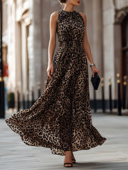 Sleeveless Leopard Print Flowing Maxi Dress