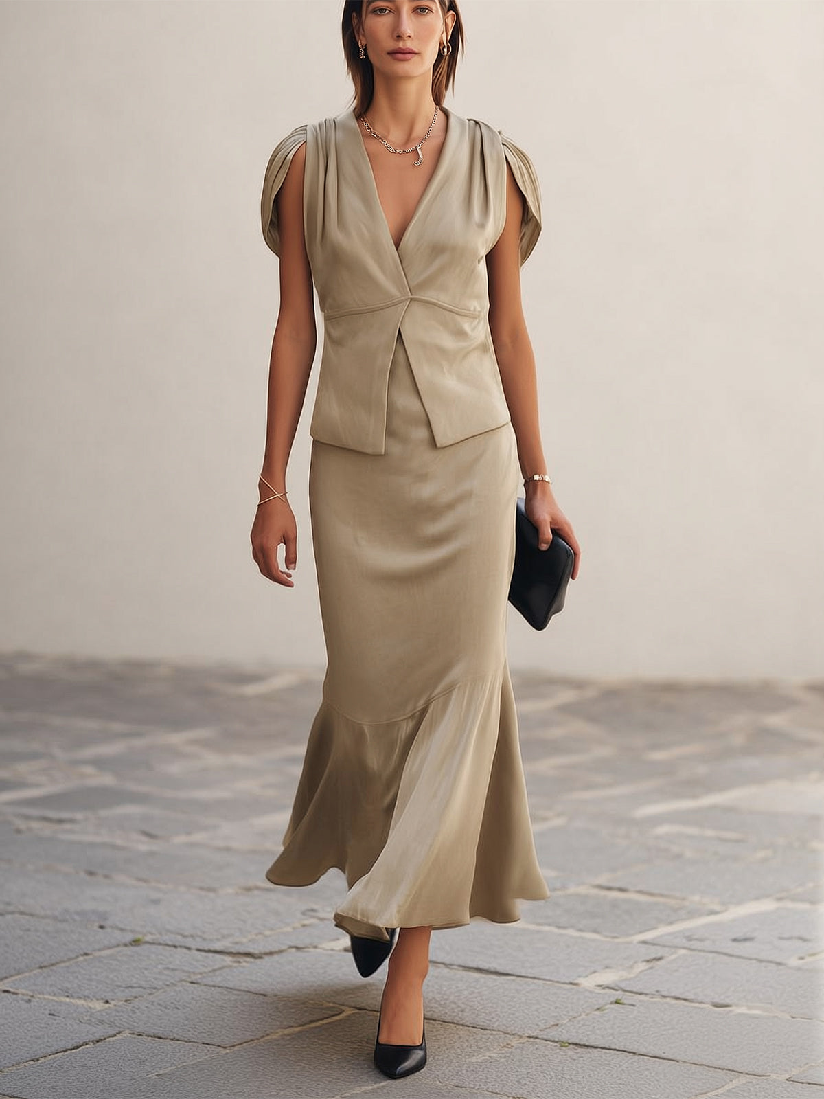 Beige Satin Mermaid Skirt Set