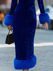Glamorous Royal Blue Velvet Dress With Feather Trims