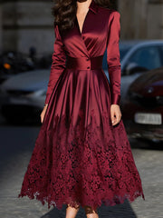 Burgundy Satin Belted Midi Dress With Lace Hem