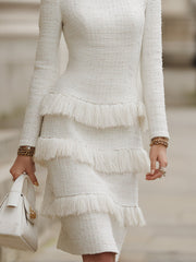 Ivory Tweed Fringe-Tiered Midi Dress
