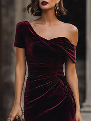 Midnight Asymmetrical Velvet Midi Dress