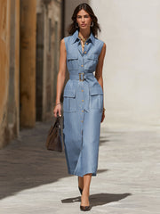 Elegant Light Blue Sleeveless Belted Midi Dress