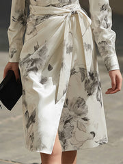 Cream Satin Floral Shirt Dress