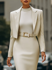 Cream Cropped Blazer And High-Waisted Pencil Skirt Set With Belt
