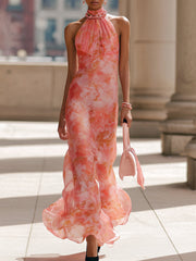 Pink Floral Print Chiffon Maxi Dress