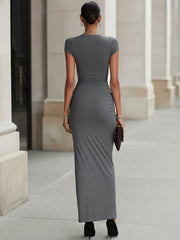 Grey Ruched Side Slit Maxi Dress