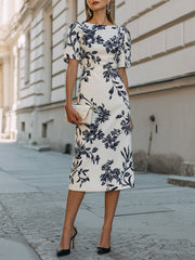 Botanical Print Short Sleeve Midi Dress