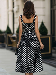 Black & White Polka Dot Square Neck Sleeveless Fit-and-Flare Midi Dress