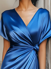 Elegant Sapphire Lace-up Satin Dress