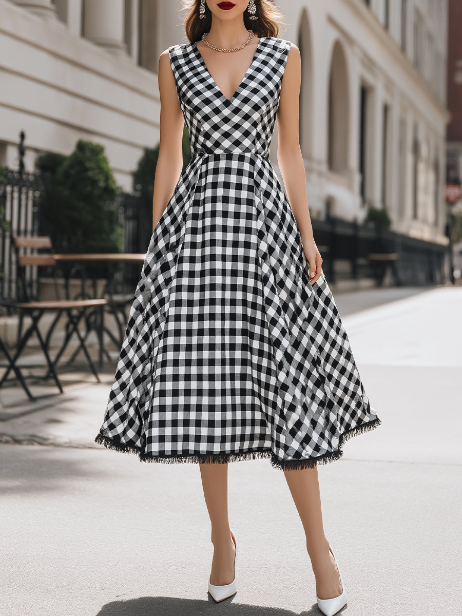 Elegant V-Neck Gingham A-Line Midi Dress