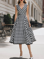 Elegant V-Neck Gingham A-Line Midi Dress