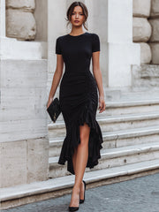 Ruched Asymmetric Ruffle Hem Maxi Dress
