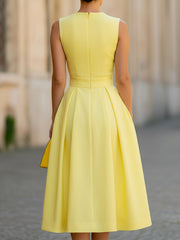 Bright Yellow Sleeveless Round Neck Pleated Midi Dress With Pockets