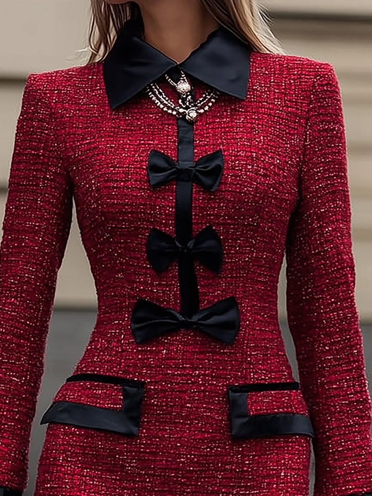Red Tweed Dress With Black Trims