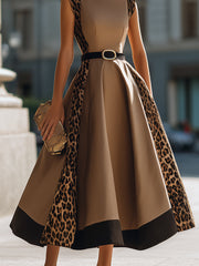 Leopard Panel Belted A-Line Maxi Dress