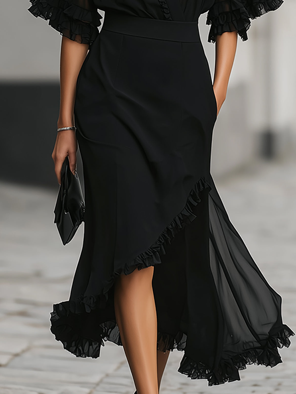 Chic Black Chiffon Ruffle Two Piece Set