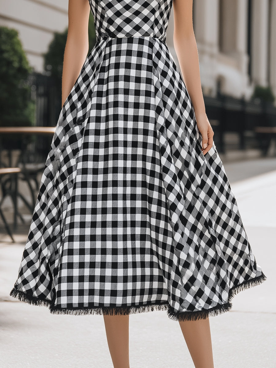 Elegant V-Neck Gingham A-Line Midi Dress