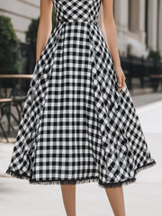 Elegant V-Neck Gingham A-Line Midi Dress